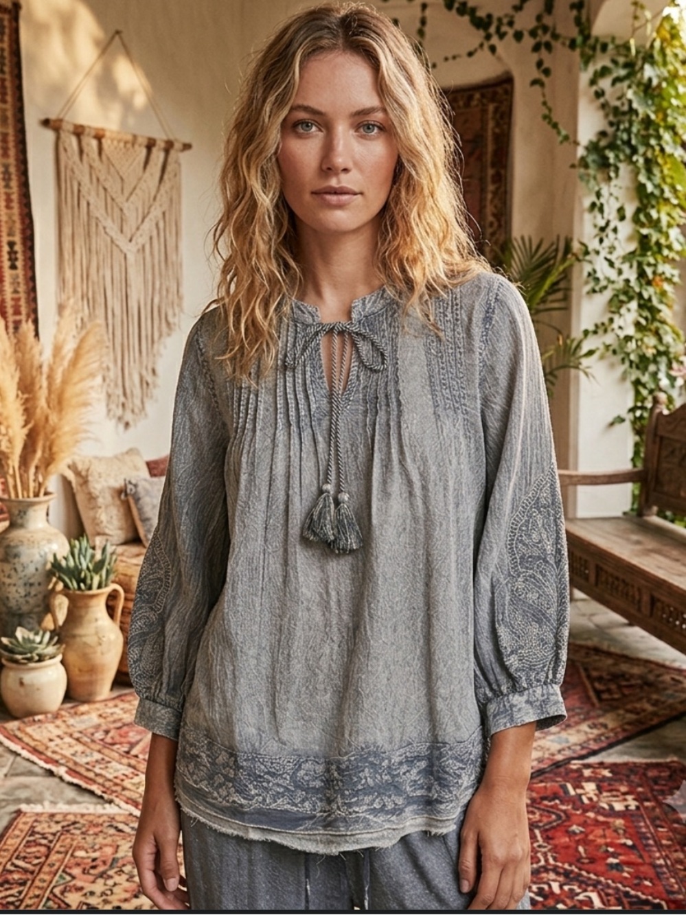 💕 POL Embroidered Smoke Gray Boho Peasant Blouse